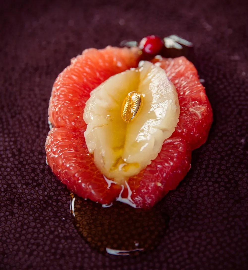 Une composition de fruit rouge et jaune évoque un sexe féminin et le clitoris est représenté par un grain de café doré